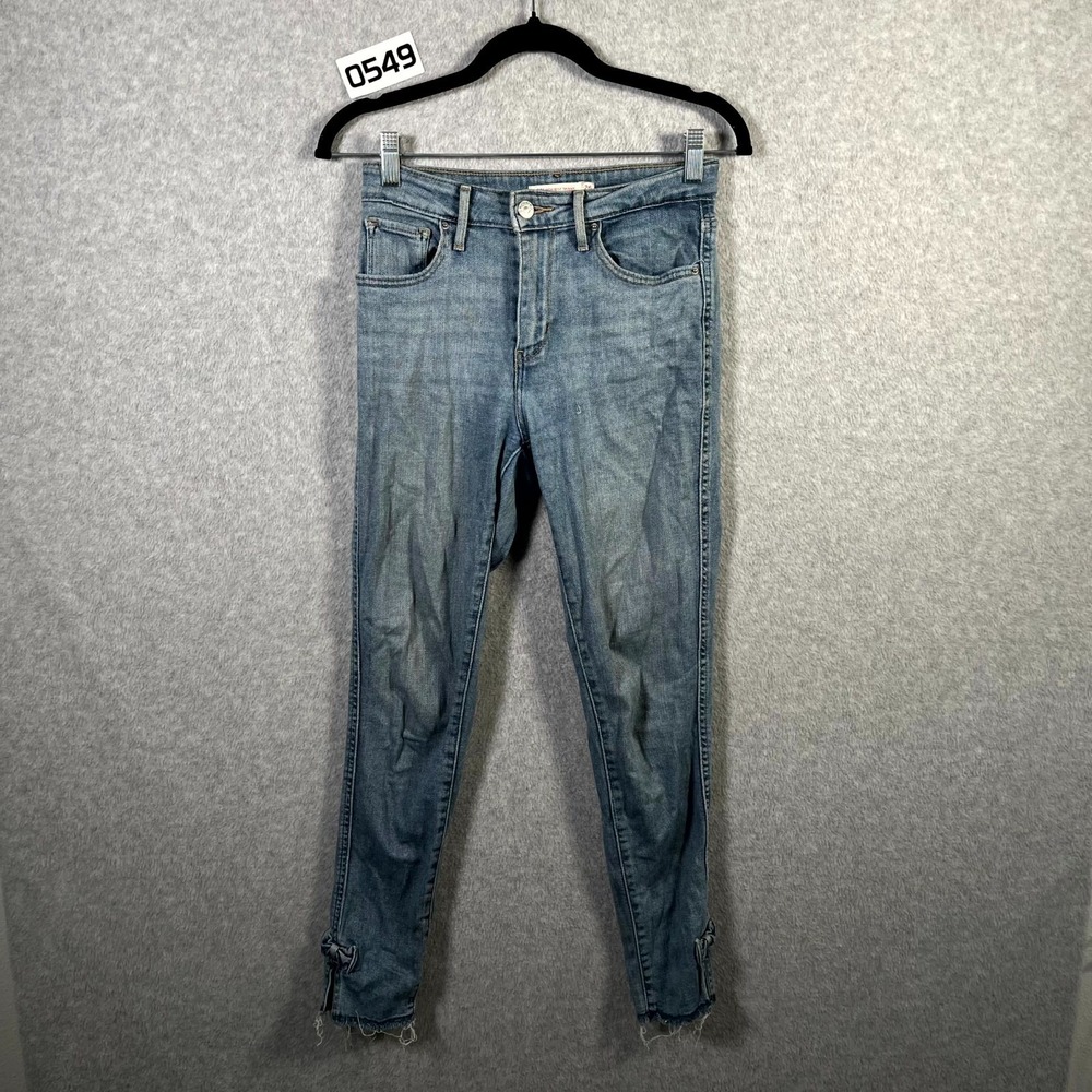 Levi's 721 Jeans Womens 26 Blue Denim Medium Wash Frayed Hem Ankle Slit Straight